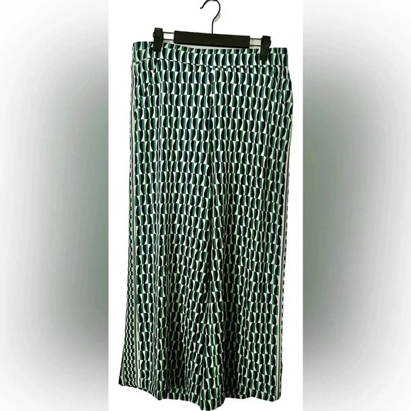 Max Studio Womens Geo Bubble Crepe Side Border Pants Size L Green Navy NWT #001 - Picture 1 of 3